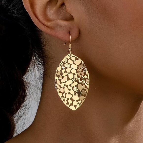 Big Gold Hollow Out Boho Geometric Hook Statement Gold Leaf Dangle Earrings - Picture 3 of 7